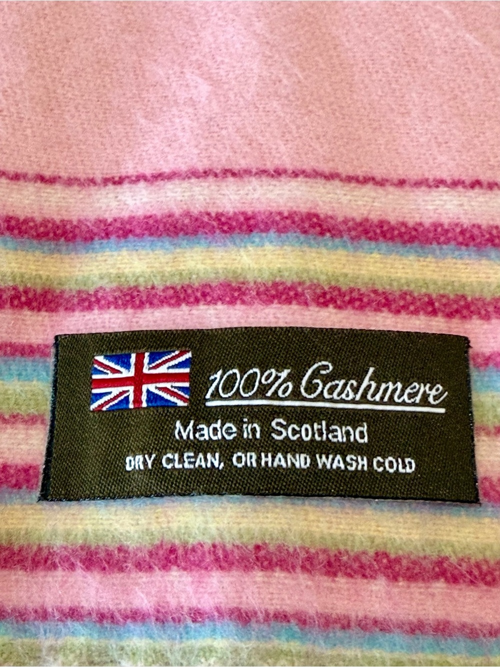 Made in Scotland Scarf Women’s 100% Cashmere Striped Pink/Multicolor 12”x71”